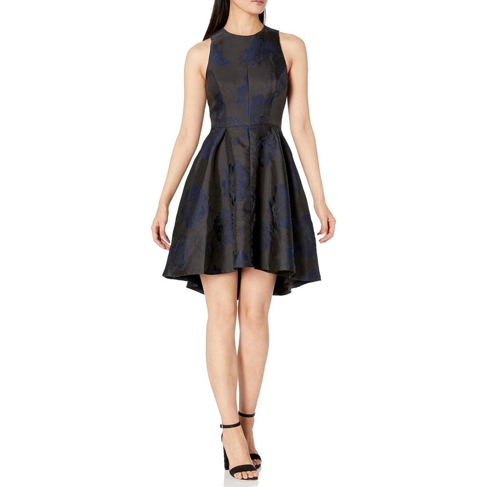 Halston Heritage Womens Fit Flare Sleeveless Dress Black Blue Floral size 8